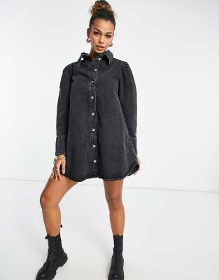 Denim puff sleeve denim shirt dress in washed black - Click1Get2 Cyber Monday