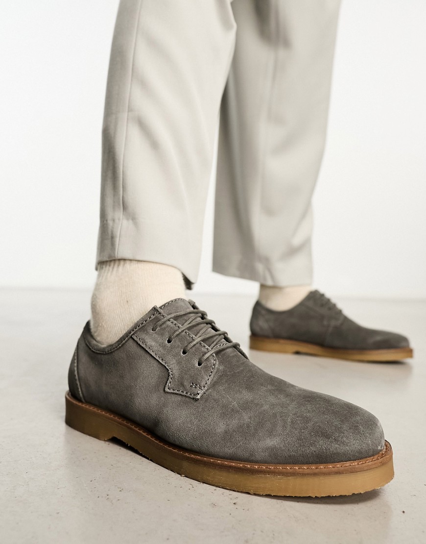 ASOS DESIGN derby lace up shoes in grey suede with faux crepe sole