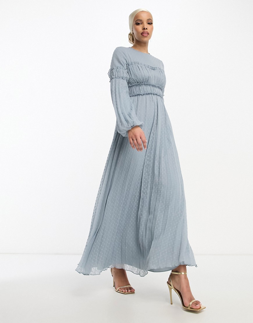 ASOS DESIGN dobby chiffon pleat maxi dress with frill seam detail in pale blue