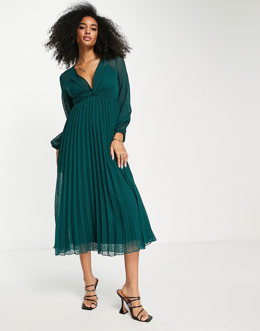ASOS DESIGN dobby twist front pleated midi dress in forest green