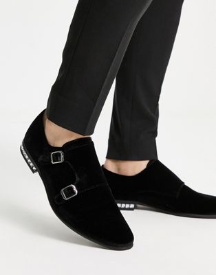 double monk strap shoes in black velvet with diamante heel
