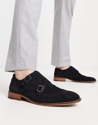 double strap monk shoe in navy suede