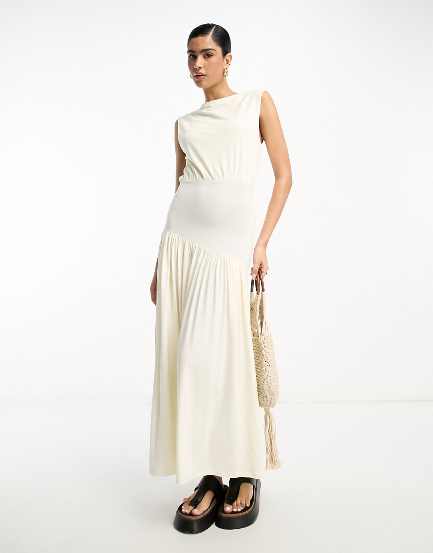ASOS DESIGN drape midi dress with asymetric waist band in cream-White