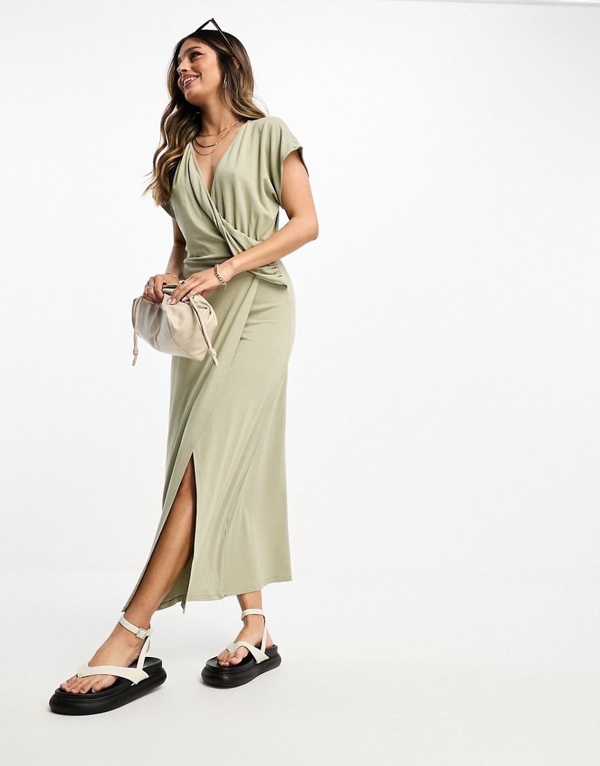 ASOS DESIGN drape wrap front midi tea dress in sage-Green