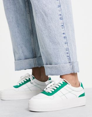 Duet flatform lace up trainers in white/green