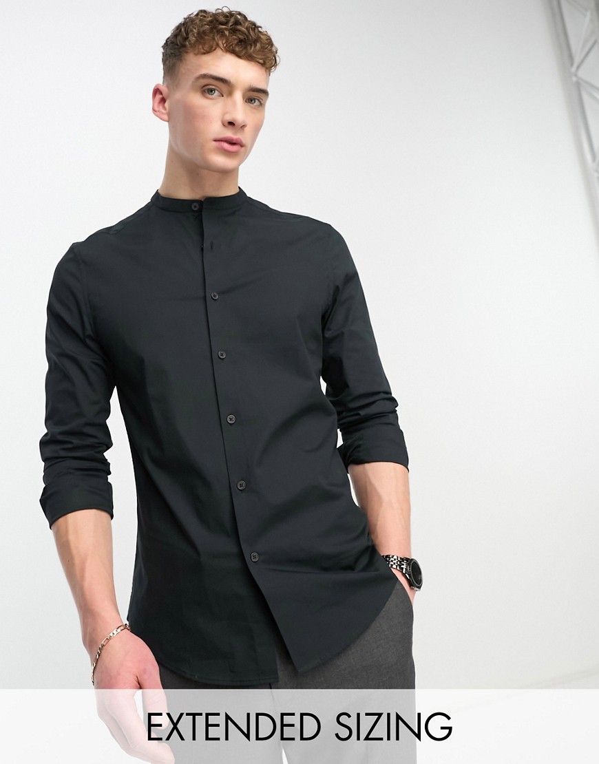 ASOS DESIGN easy iron slim fit poplin shirt with grandad collar in black
