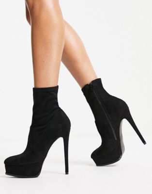 Eclectic high-heeled platform boots in black micro