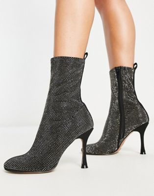 Elegant embellished high-heeled ankle boots in black