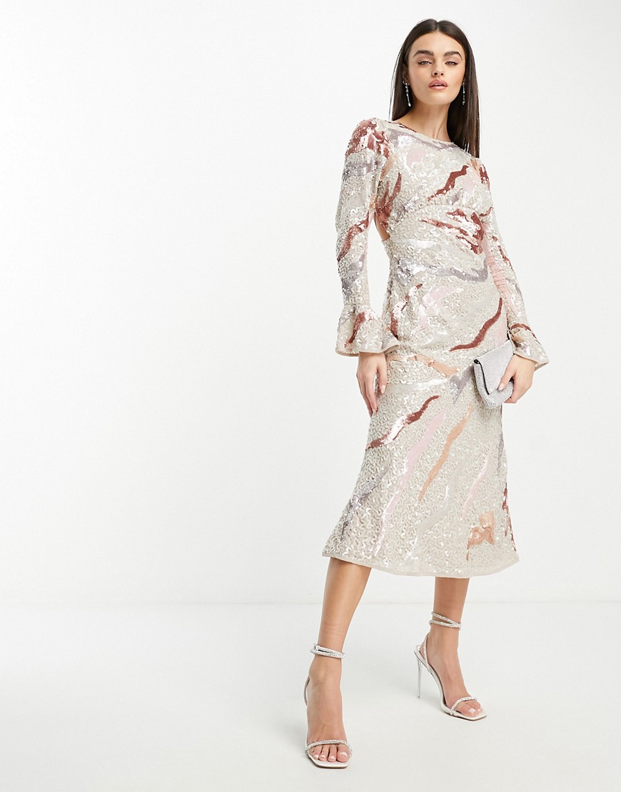 ASOS DESIGN embellished all over sequin midi dress with flared sleeve in neutral wave print-Multi