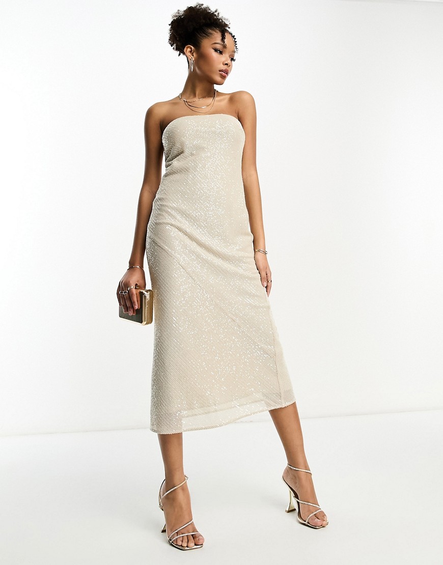 ASOS DESIGN embellished bandeau midi dress in allover sequin in stone-Neutral