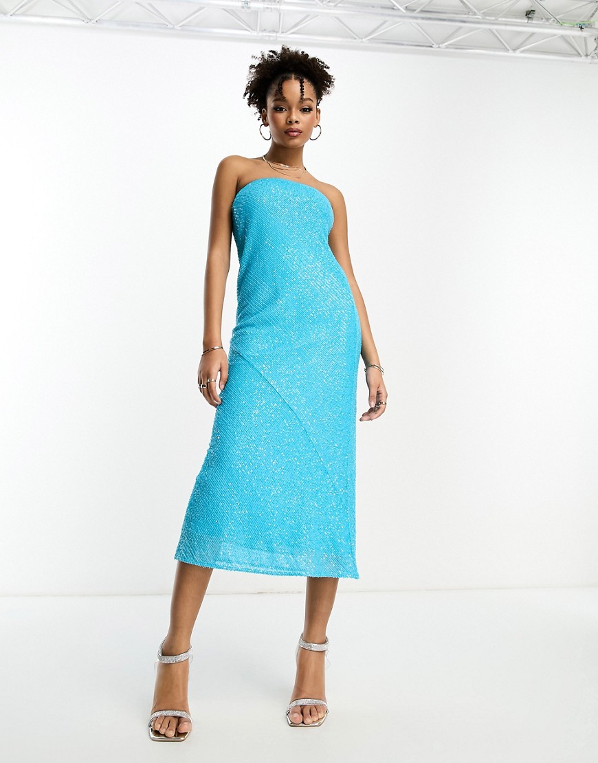ASOS DESIGN embellished bandeau midi dress in allover sequin in turquoise-Blue