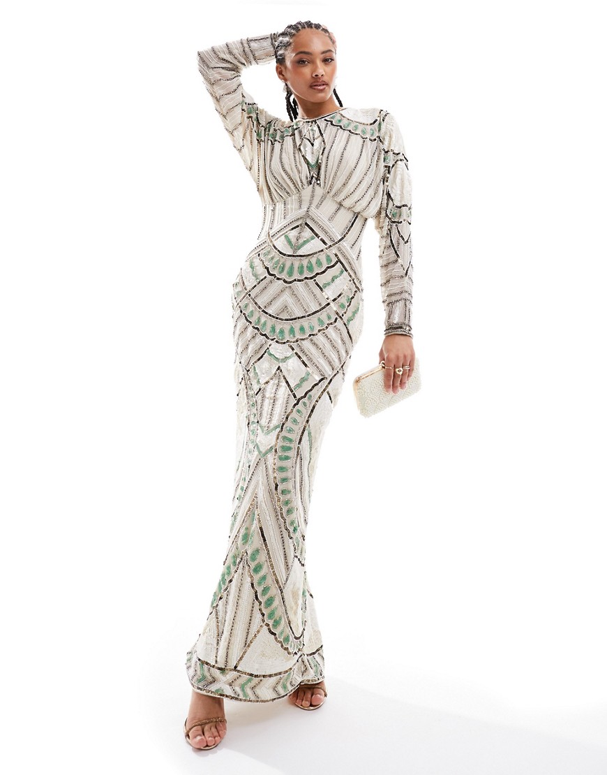 ASOS DESIGN embellished batwing ergonomic maxi dress in ivory-White