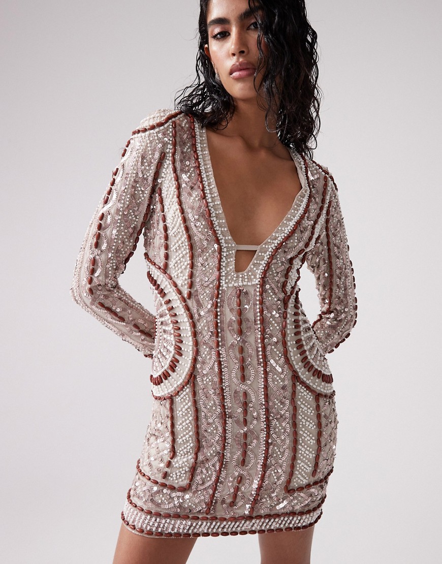 ASOS DESIGN embellished long sleeve mini dress with wooden bead detail in stone-Neutral