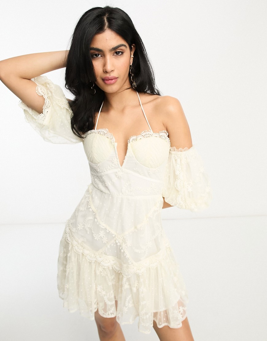 ASOS DESIGN embroidered bardot cupped mini dress with pephem in ivory-White