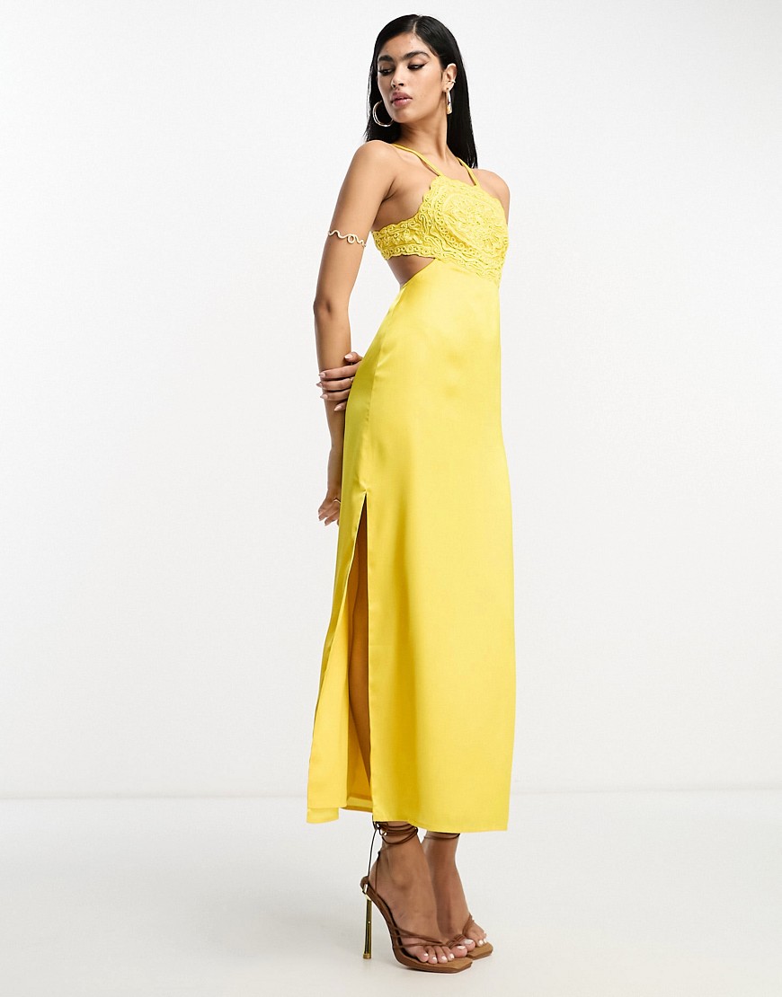 ASOS DESIGN embroidered bodice satin bias midi dress with open back in mustard-Yellow
