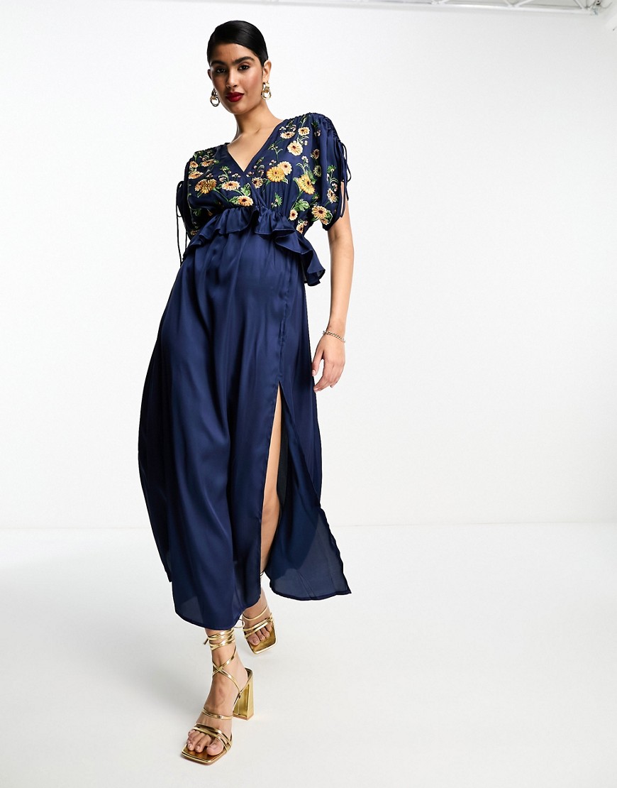 ASOS DESIGN embroidered satin midi dress with frill waist in navy