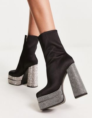 Encore high-heeled embellished platform boots in black satin