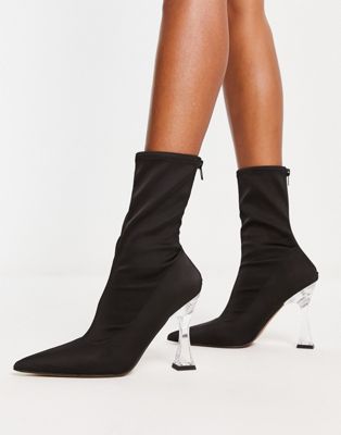 Enterprise heeled sock boots in black with clear heel