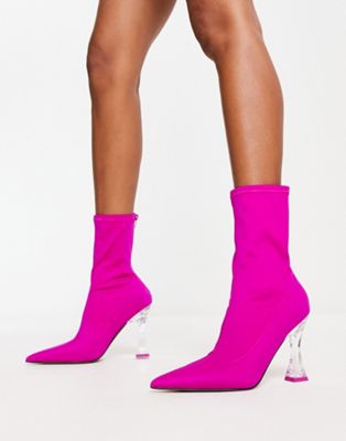 Enterprise heeled sock boots in pink with clear heel