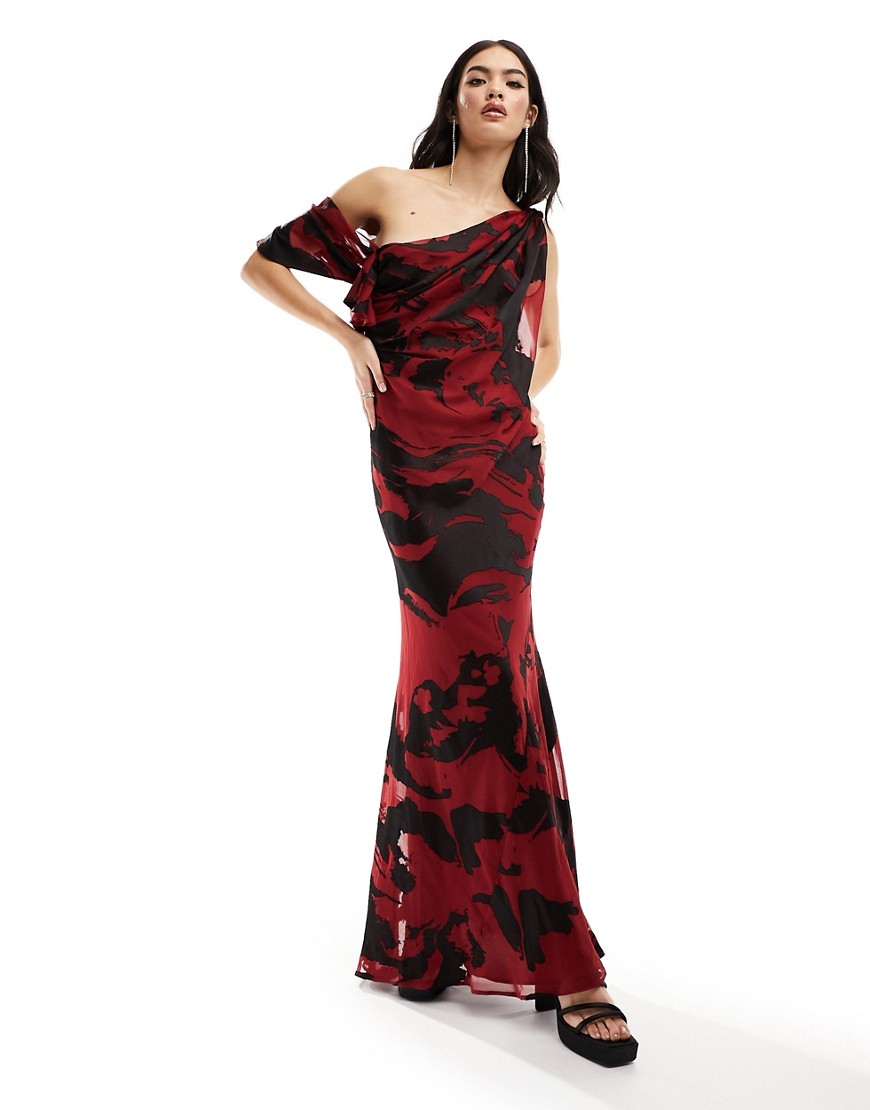 ASOS DESIGN fallen shoulder draped bias maxi dress in floral burnout-Multi