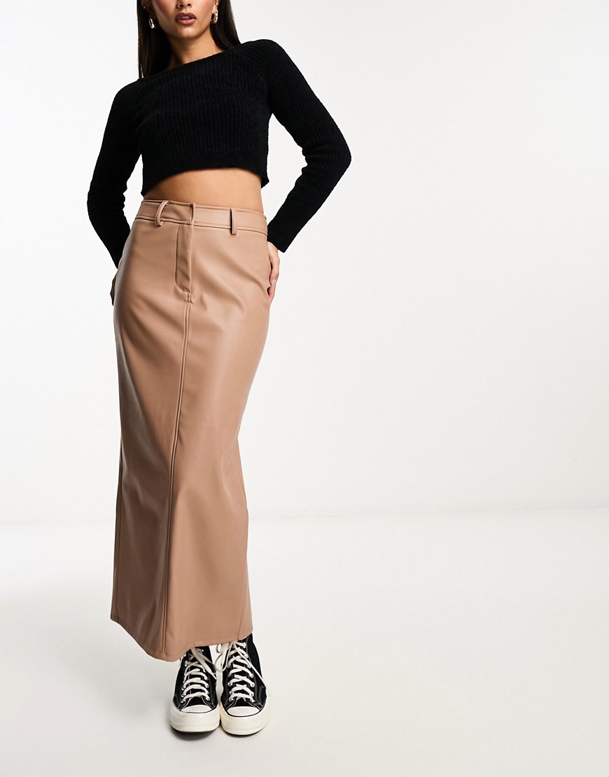 ASOS DESIGN faux leather clean maxi skirt in tan-Brown