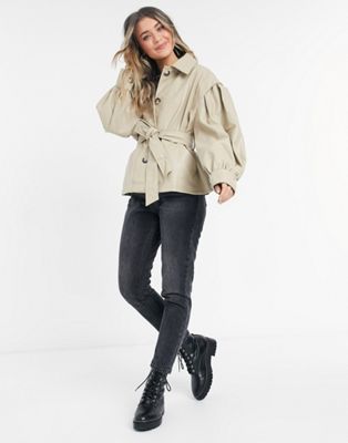 Faux leather jacket with sleeve drama in putty - Click1Get2 Mega Discount