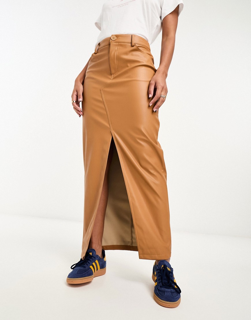 ASOS DESIGN faux leather maxi skirt with front split in caramel-Blue