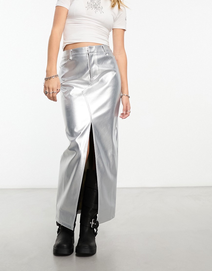 ASOS DESIGN faux leather maxi skirt with front split in silver metallic