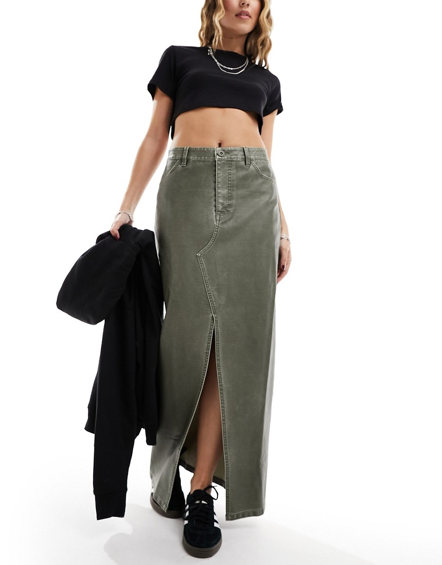 ASOS DESIGN faux leather split front maxi skirt in washed khaki-Green