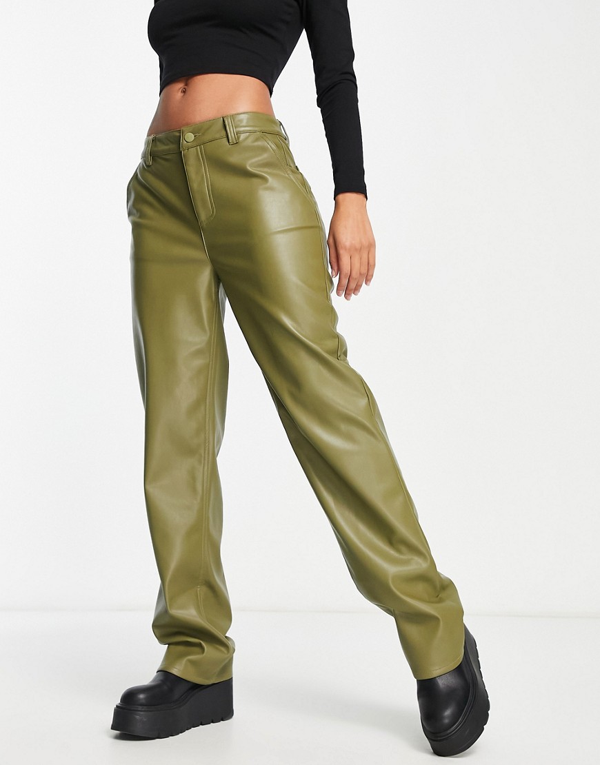 ASOS DESIGN faux leather straight leg trousers in olive-Green