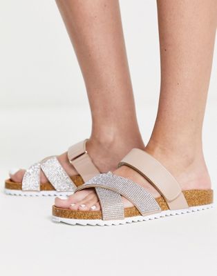 Fiery cross strap flat sandals with diamante in pink