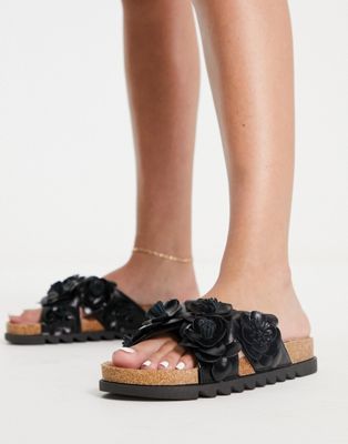 Figgy cross strap floral flat sandals in black