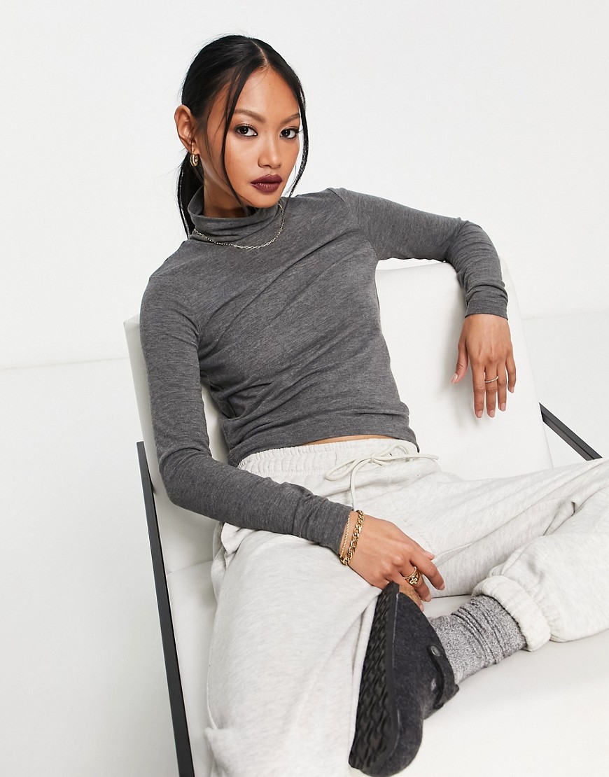ASOS DESIGN fine knit long sleeve roll neck top in charcoal marl-Grey