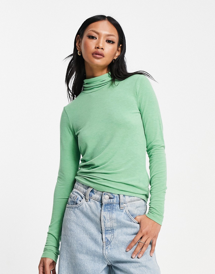 ASOS DESIGN fine knit long sleeve roll neck top in green