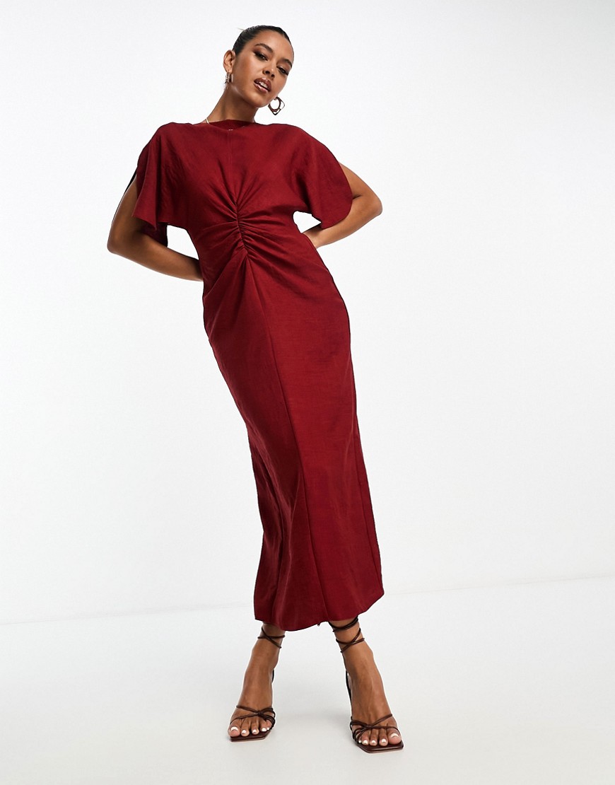 ASOS DESIGN flutter sleeve midi dress with ruching detail in red