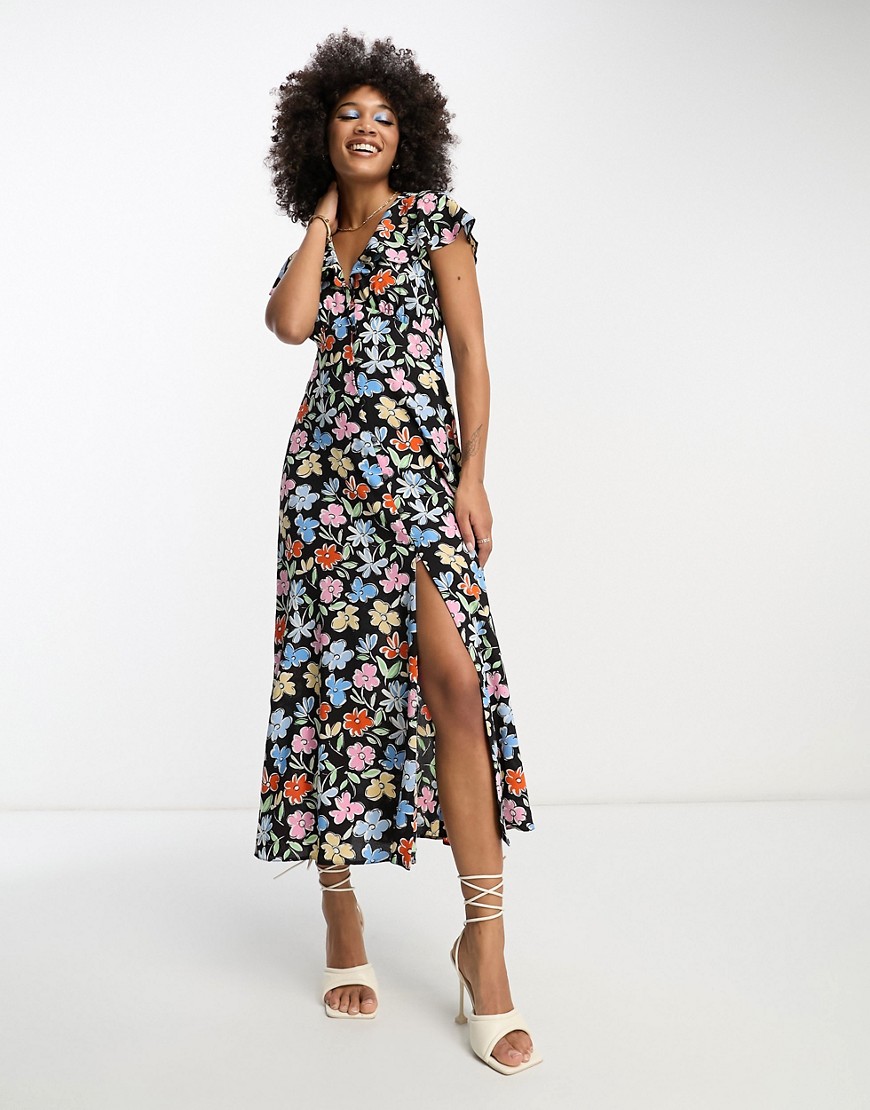 ASOS DESIGN flutter sleeve midi tea dress with buttons in multi floral print