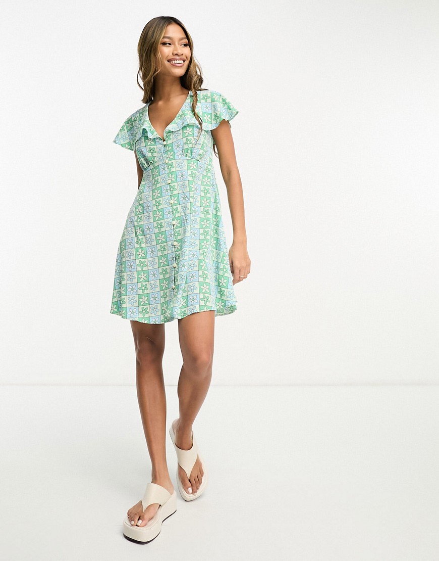 ASOS DESIGN flutter sleeve mini tea dress with buttons in blue tile print-Multi