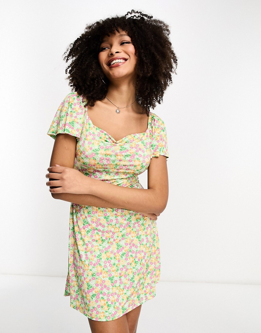 ASOS DESIGN flutter sleeve mini tea dress with cowl neck in pastel floral-Multi