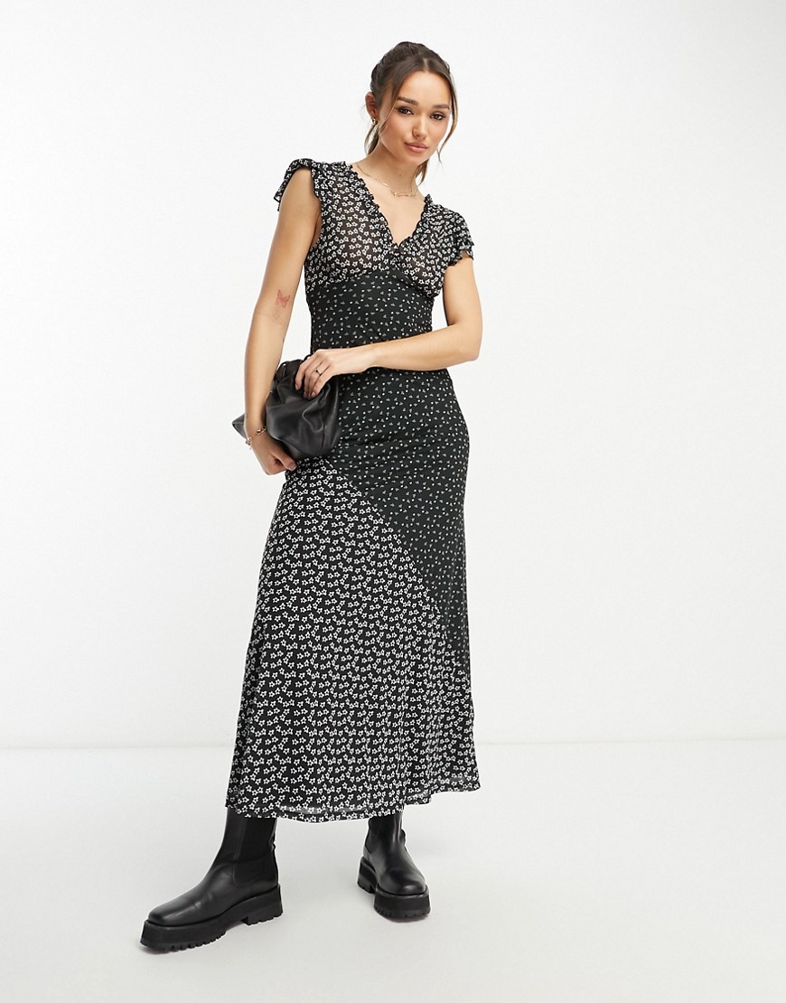 ASOS DESIGN frill sleeve tea dress in mixed print-Multi