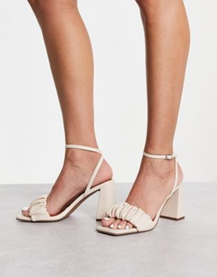 Halo ruched detail mid heeled sandals in off white