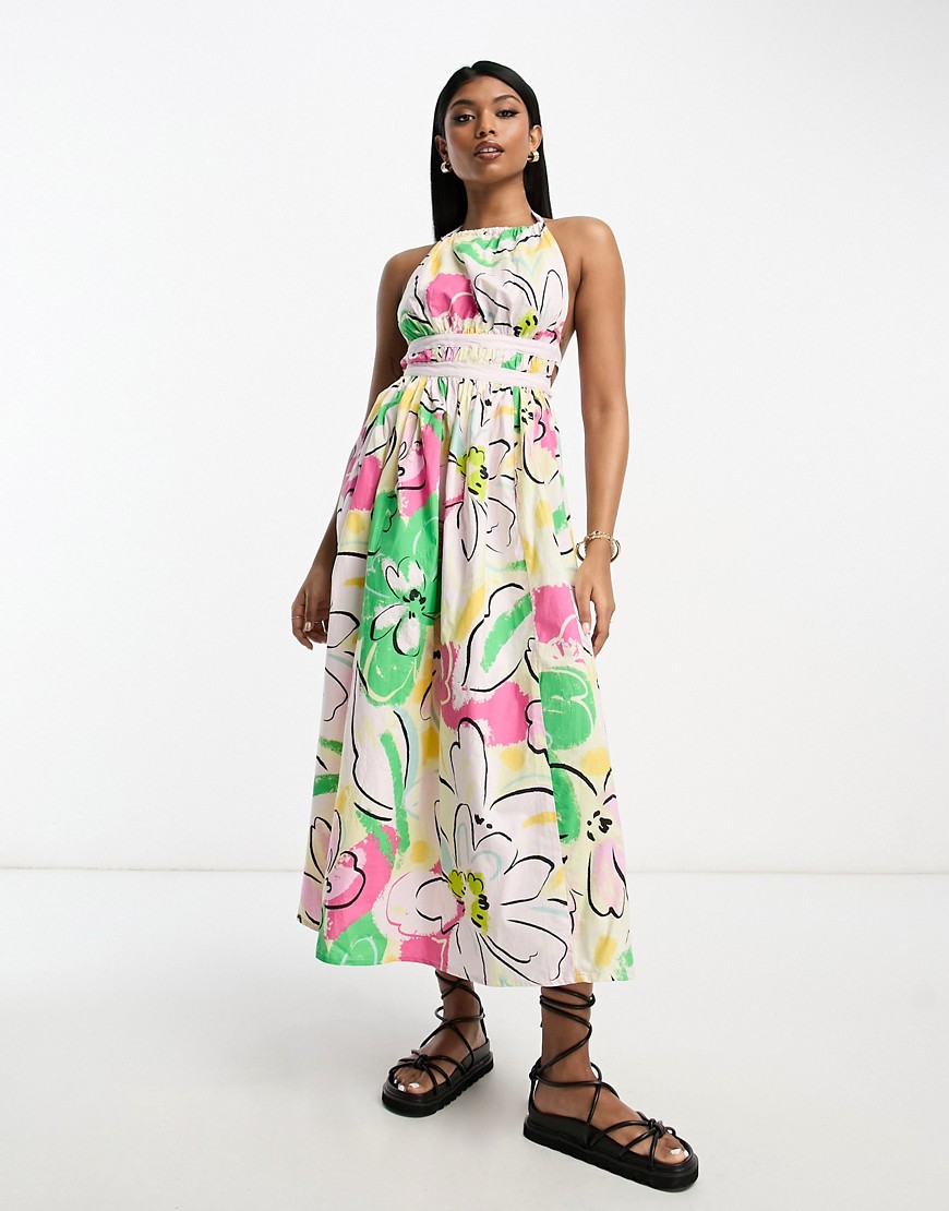 ASOS DESIGN halter midi sundress with strappy back in abstract print-Multi