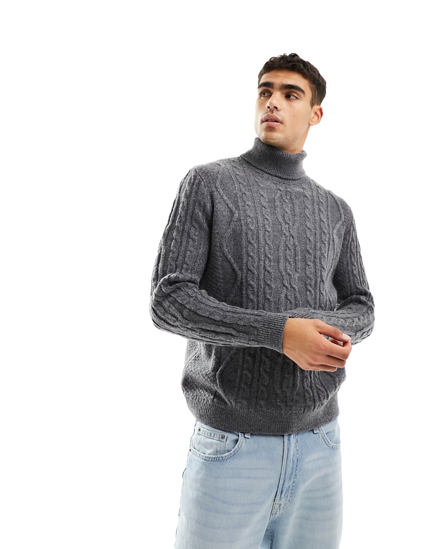 ASOS DESIGN heavyweight knitted cable roll neck jumper in charcoal-Grey