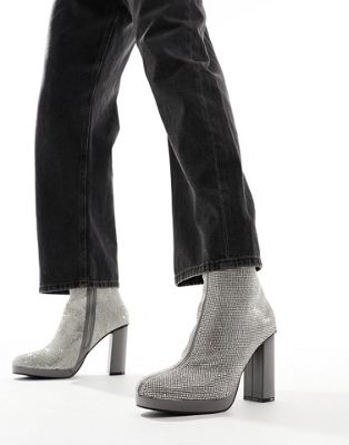 heeled boots in silver diamante studding