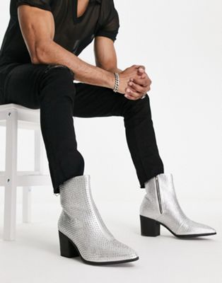 heeled chelsea boot in silver with diamante studs