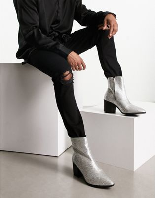 heeled chelsea boots in silver with diamante details