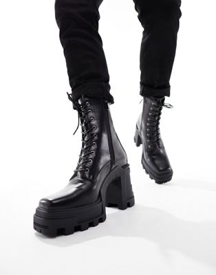 heeled lace up boots in black faux leather with platform sole