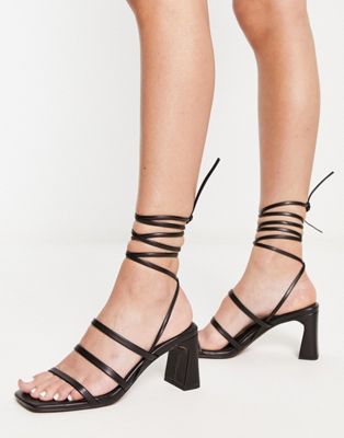 Hidden strappy tie leg mid heeled sandals in black