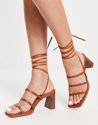 Hidden strappy tie leg mid heeled sandals in tan