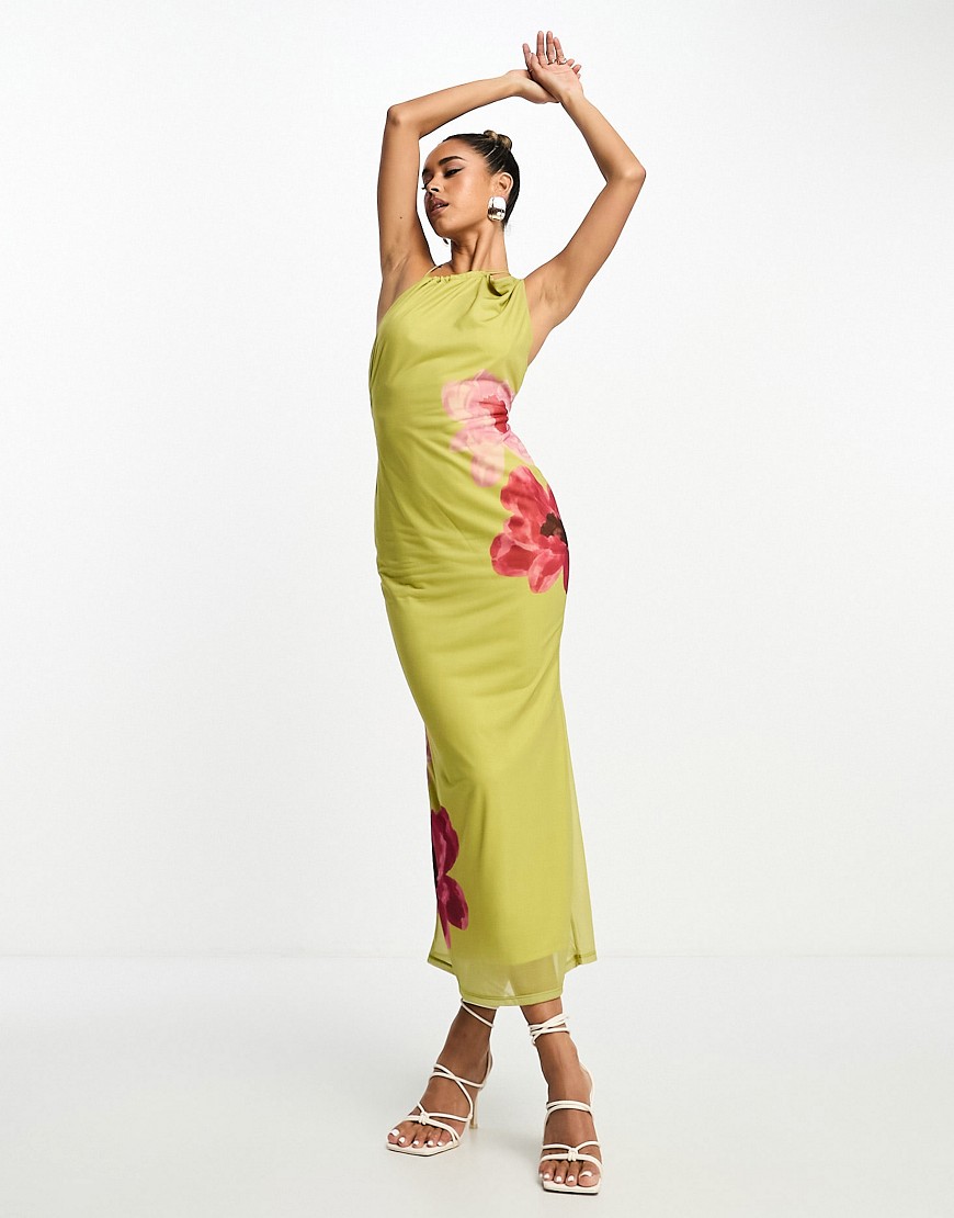 ASOS DESIGN high asymmetric neck maxi dress in olive floral placed print-Multi