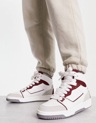 high top retro trainers in white with red details